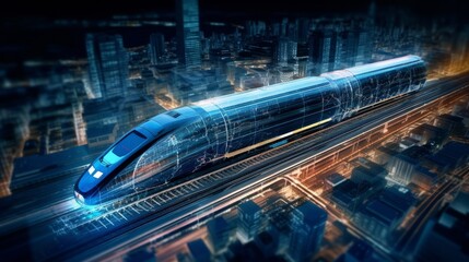 A train speeding through a city made of data. Generative AI. 