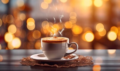  a cup of coffee on a saucer with steam rising out of it.  generative ai