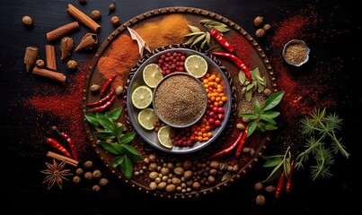 Fototapeta na wymiar a plate of food with spices, spices, and spices on it. generative ai