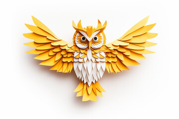 Yellow paper art owl isolated on white background, abstract paper cut style animal for cover, poster, art print. Generative AI.
