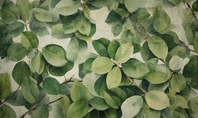  a painting of leaves on a white wall with a green background.  generative ai