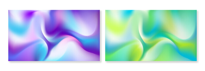 Set of horizontal abstract gradient wavy backgrounds in blue and green colors. For covers, branding, business cards, social media and other projects in a modern style.