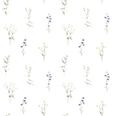 Watercolor floral seamless pattern in vintage rustic style, colored garden, hand painting print with meadow flowers, leaves and plants, design texture. Bluebell, buttercup, stellaria holostea.