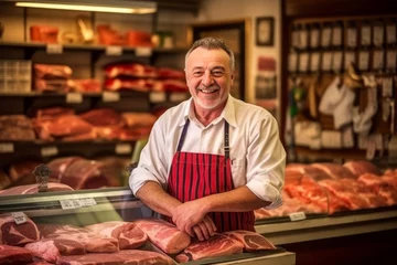Fotobehang Smiling butcher in front of the meat counter of the butcher shop. Generative AI © bluebeat76