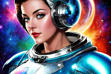 Fototapeta na wymiar Portrait of a beautiful woman in a polished aluminum suit as an astronaut, space explorer in the retro futurism style of the 50s. Generative AI.