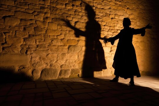 A dramatic image showcasing the silhouette of a witch cast by candlelight onto an old stone wall. Generative AI