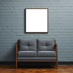 modern living room with a two-person minimalistic sofa with blueish brick wall and poster mock-up