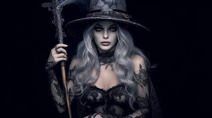 
Beautiful witch style girl in gothic clothes with a staff. Witch's Night or All Saints' Eve. Concept: mysticism, game characters, halloween. Generative AI