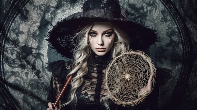 Beautiful witch style girl in gothic clothes with a staff. Witch's Night or All Saints' Eve. Concept: mysticism, game characters, halloween.