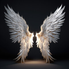 Pair of realistic white wings and feathers on black background, ethereal light. Angel/bird style Generative AI
