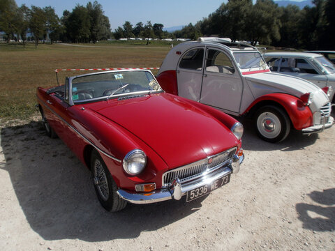 Le Bourget du lac, France - August 19th 2012 : Public exhibition of classic cars. Focus on a red MG.