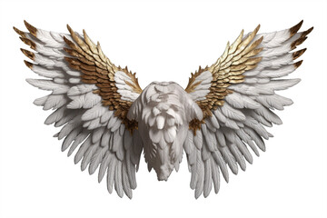 Pair of white wings with gold details and feathers isolated on transparent background, angel/bird/stone style Generative AI