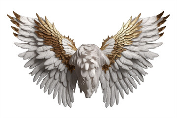 Fototapeta premium Pair of white wings with gold details and feathers isolated on transparent background, angel/bird/stone style Generative AI