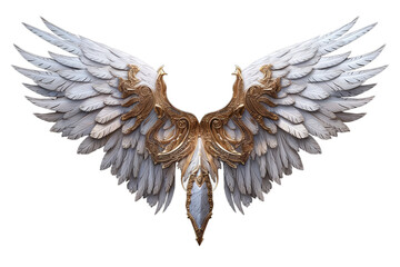 Pair of white wings with gold details and feathers isolated on transparent background, angel/bird/stone style Generative AI