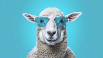 Obraz premium Sheep wearing sunglasses against a blue backdrop.