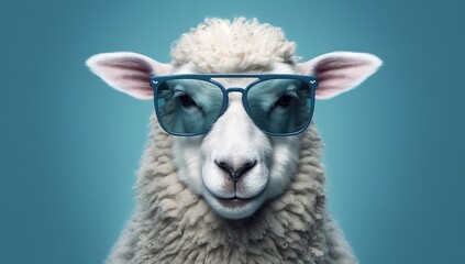 Obraz premium Sheep wearing sunglasses against a blue backdrop.
