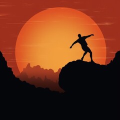 silhouette of man climbing ladder and sunset