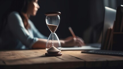 The concept of deadline. Hourglass on employee background. Generative AI - obrazy, fototapety, plakaty