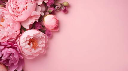 Peonies, roses on pink background with copy space. Abstract natural floral frame layout with text space. Romantic feminine composition. Wedding invitation. International Women day, Mother Day concept