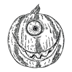 Happy silly and goofy Halloween smiling pumpkin face. Jack O Lantern spirit demon drawing on white background. Traditional Halloween symbol. Hand drawing sketch for celebration of fall. Vector.