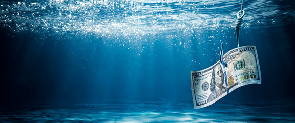 US Currency On Large Hook Under Water - Phishing Scam Concept - obrazy, fototapety, plakaty