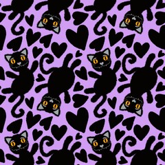 Halloween cartoon black cats seamless animals fluffy monsters pattern for wrapping paper and fabrics and linens