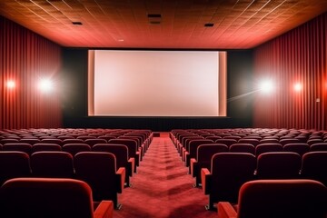 Fototapeta premium Empty cinema auditorium with white screen. Generative AI