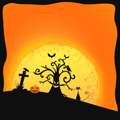 Happy halloween day with tree cat and graveyard on moonlight wallpaper background