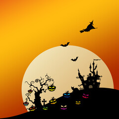 Happy halloween day with pumpkin tree and haunted castle on moonlight wallpaper background