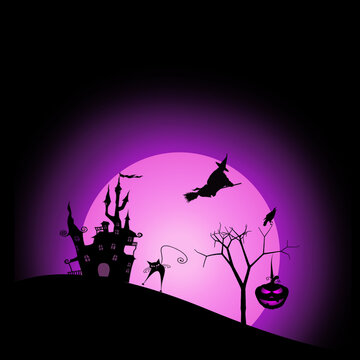 Happy halloween day with haunted castle and witch flying on moonlight purple color wallpaper background
