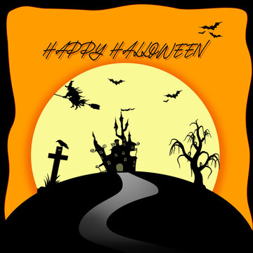 Happy halloween day with pumpkin tree and haunted castle on moonlight wallpaper background