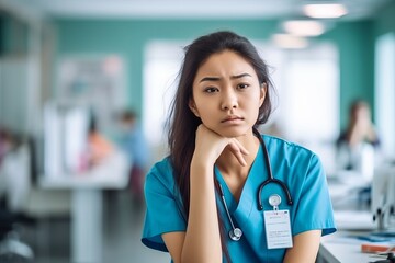 Fototapeta premium Unhappy stressed medical workers at hospital. Generative AI