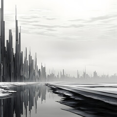 Inspiring linear minimalist modern monochromatic anamorphic muted naturalistic portrait of a post apocolyptic city scape