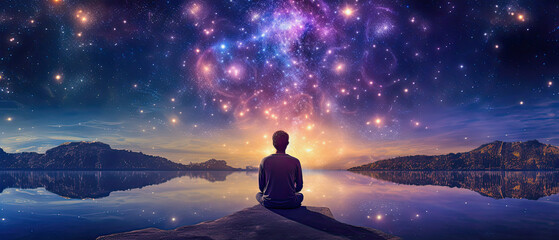 man in meditation in front of a galactic sky, midjourney ai © Claudia Nass