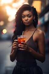 A beautiful African American woman with an iced tea outside in the city, golden hour. Generative AI. 