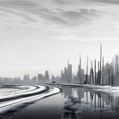 Fototapeta premium Inspiring linear minimalist modern monochromatic anamorphic muted naturalistic portrait of a post apocolyptic city scape