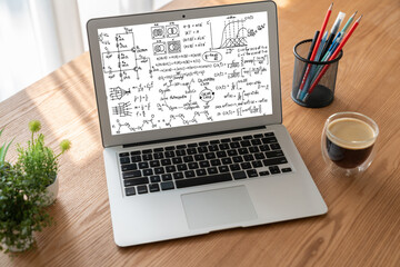 Mathematic equations and modish formula on computer screen showing concept of science and education