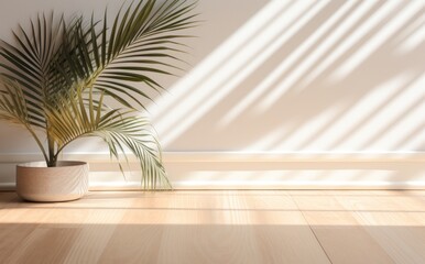 Room with wooden floor and palm shadow. Illustration AI Generative