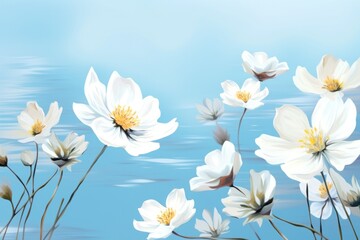 White flowers on blue background. Illustration AI Generative.