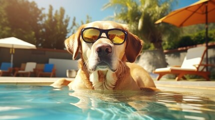 Fototapeta na wymiar Happy dog at swimming pool. Illustration AI Generative.