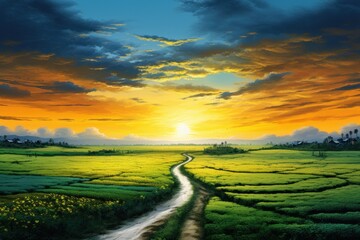 Obraz na płótnie Canvas A road leading to a field at sunset, Illustration AI Generative.
