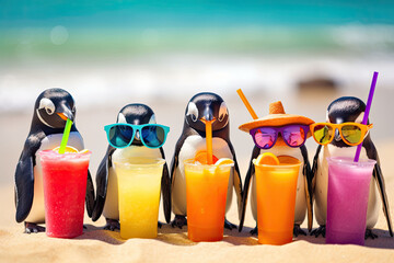 Funny penguins drinking fruit cocktails on a beach