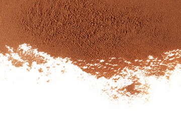 Pile cinnamon powder isolated on white, with top view