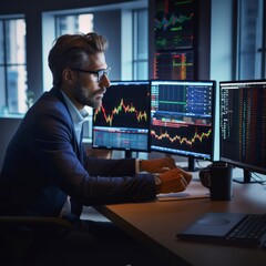 Fototapeta na wymiar trader investor set on desk and look at big trading charts screens 