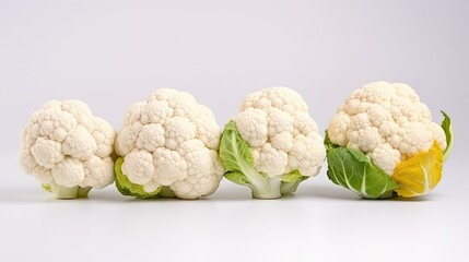 Four cauliflowers in a row with white background and copy space