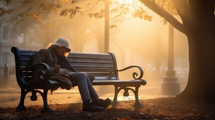 A homeless man sleeping on a park bench. Generative AI. 