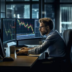 Obraz na płótnie Canvas trader investor set on desk and look at big trading charts screens 