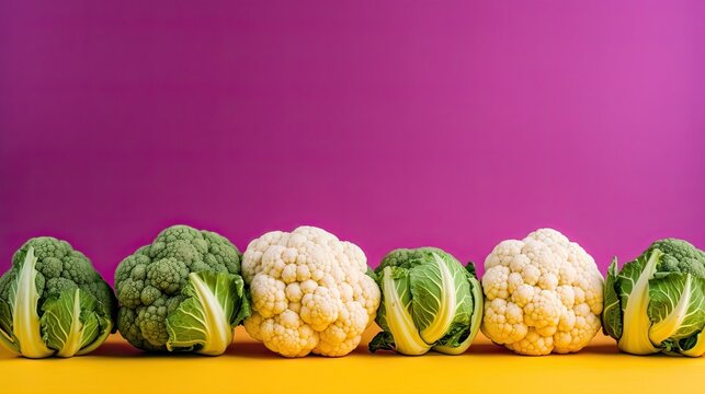 Row of isolated cauliflower and broccoli on purple and yellow background with copy space