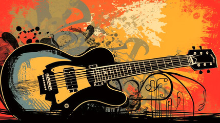 Artistic image of guitar painted with bright colors