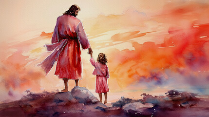 Jesus and child,watercolor biblical illustration, generative ai. - 616554600